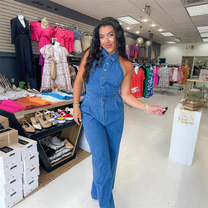 Macacão Jeans Dendara™ com Gola Halter, Cintura Marcada e Modelagem Pantalona