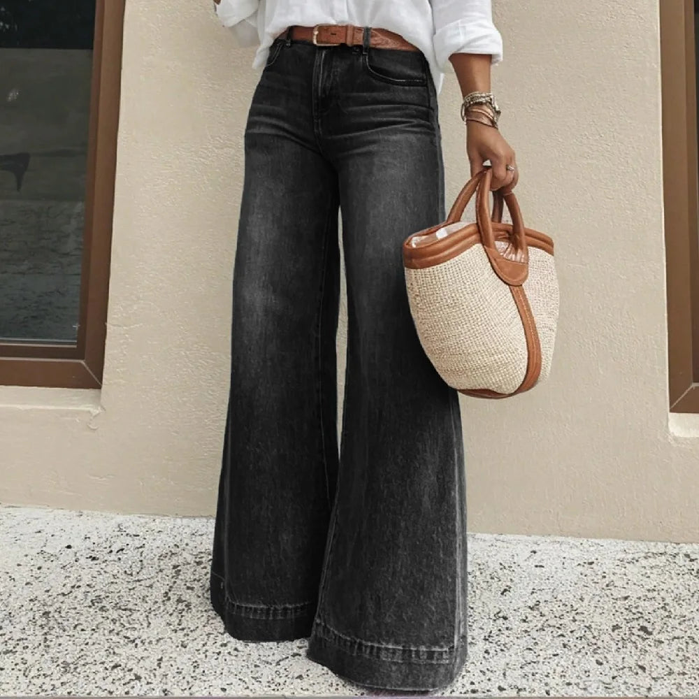 Calça Jeans Ravella™ com Cintura Alta, Modelagem Pantalona e Lavagem Vintage