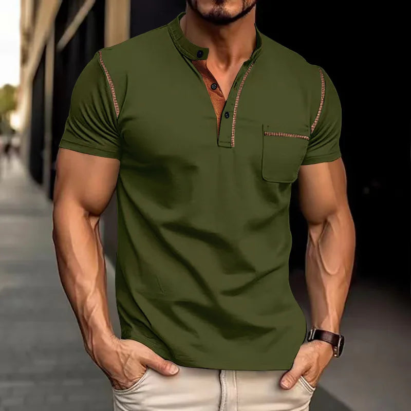 Camiseta Casual Torvani™ com Gola Padre e Acabamento Contrastante / Fácil de Combinar do Jeans à Alfaiataria