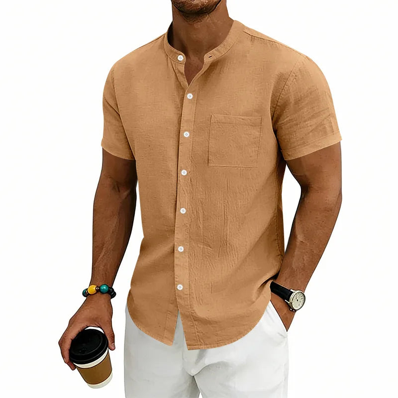 Camisa Montese™ Em Linho de Algodão Com Gola Mandarim