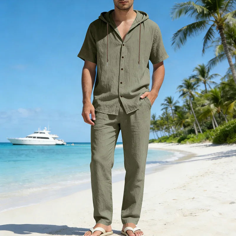 Conjunto Sorrento™ em Linho de Algodão com Camisa de Capuz e Calça Ajustável