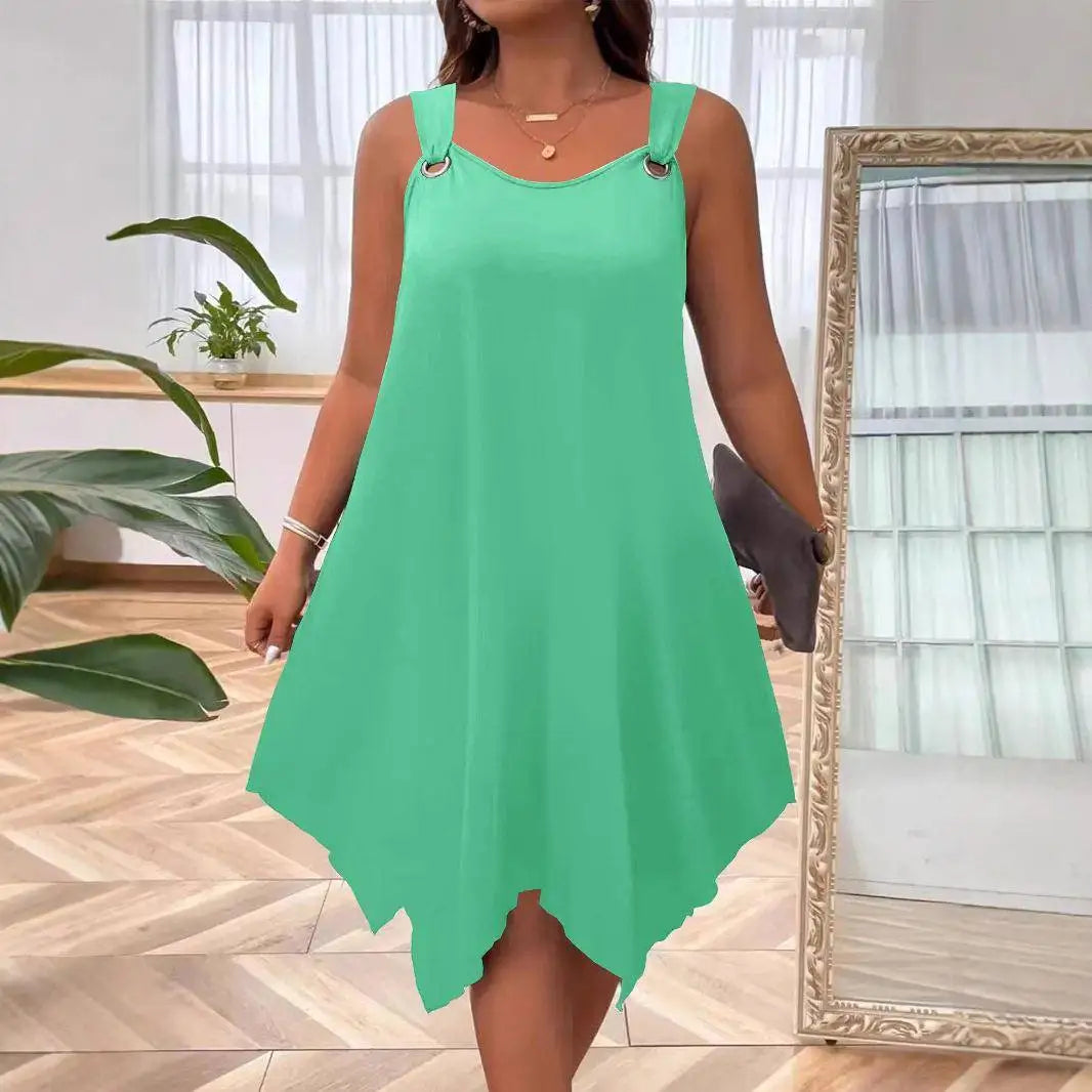 Vestido Soraya™ com Barra Assimétrica e Alças com Argolas Metálicas / Uma Escolha Versátil Para Passeios E Dias Casuais