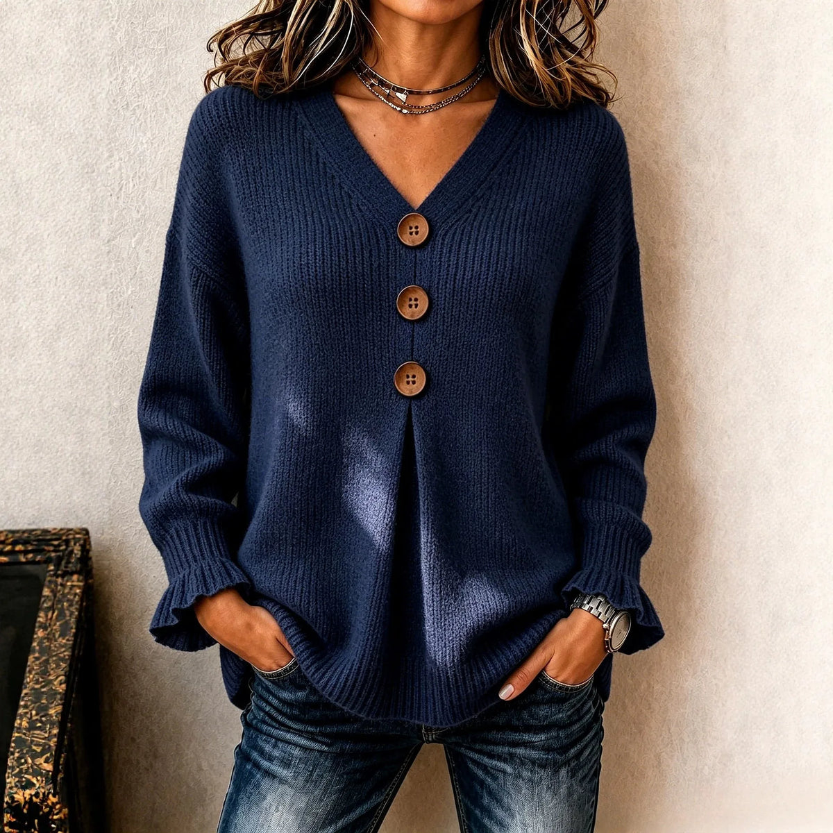 Blusa Vanessa™ com Botões Frontais, Punhos Canelados e Decote V