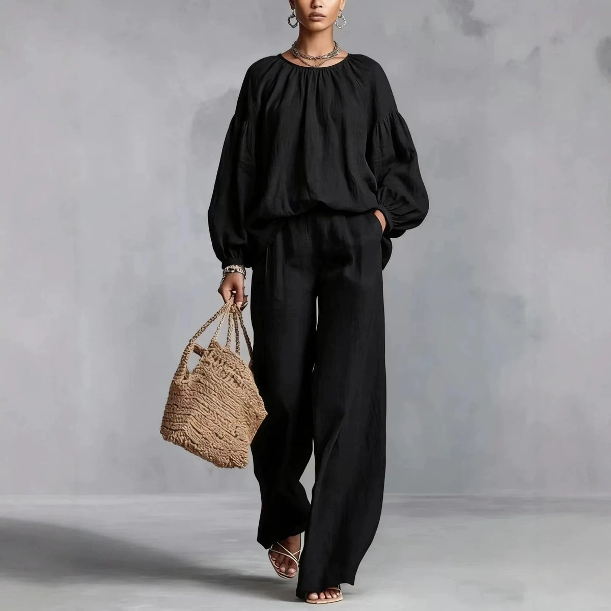 Conjunto Valdora™ em Linho de Algodão com Blusa de Mangas Bufantes e Calça Pantalona Ampla / Elegância Descontraída em Uma Silhueta Cheia de Movimento