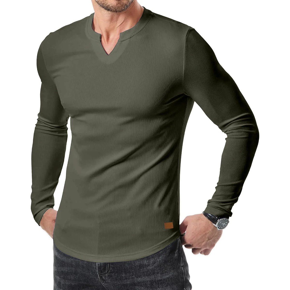 Camiseta Valério™ com Textura Canelada, Gola em V e Mangas Longas