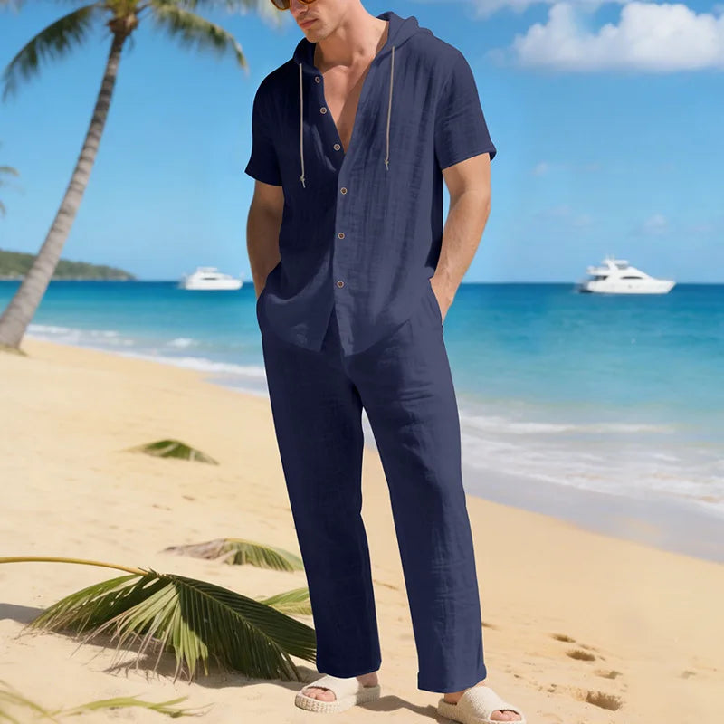 Conjunto Sorrento™ em Linho de Algodão com Camisa de Capuz e Calça Ajustável