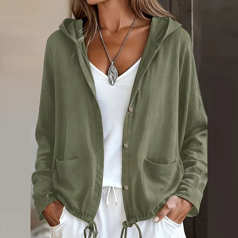 Jaqueta Olívia™ com Capuz, Botões Frontais e Barra Ajustável / Adapte o Caimento de Acordo com o Look