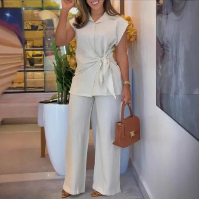 Conjunto Aurélia™ em Algodão Misto e Camisa Com Detalhe em Laço / Alfaiataria Contemporânea com Toque Feminino de Precisão!