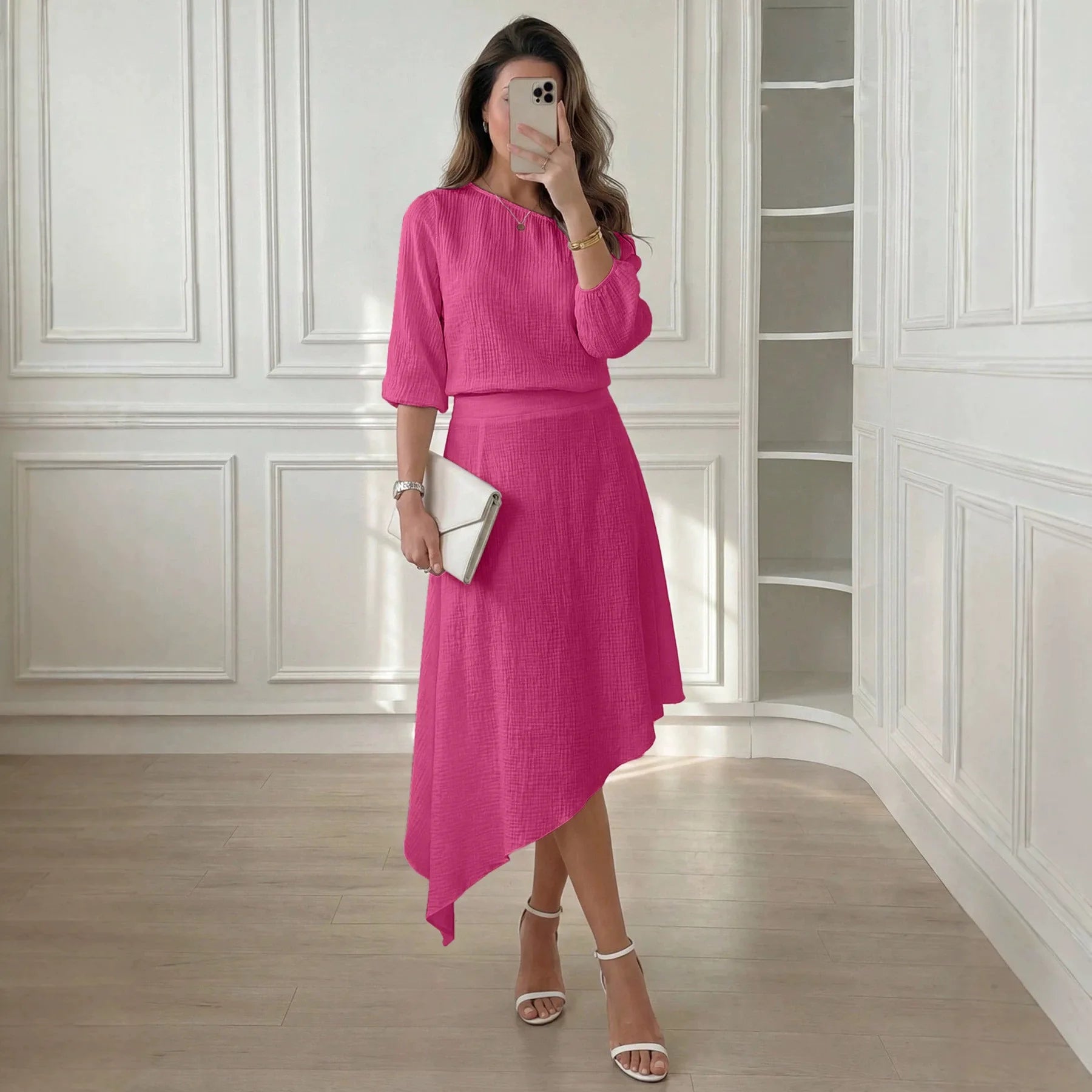 Conjunto Clarisse™ com Tecido Texturizado, Blusa de Ombro Único e Saia de Caimento Fluido