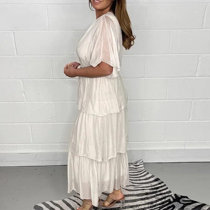 Vestido Festina™ com Saia em Camadas e Mangas Bufantes / Elegância em Camadas Leves para um Verão Sofisticado!