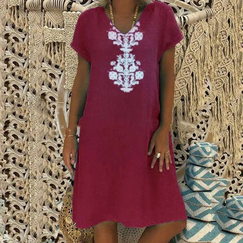 Vestido Midi Saara™ com Design Ornamental em Arabesco, Decote V e Modelagem Solta
