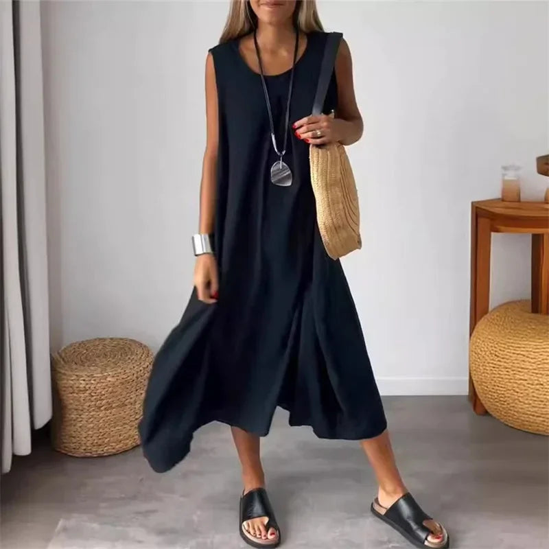 Vestido Malaya™ em Linho de Algodão com Estilo Minimalista / Toque Suave e Caimento Fluido para Máximo Conforto!