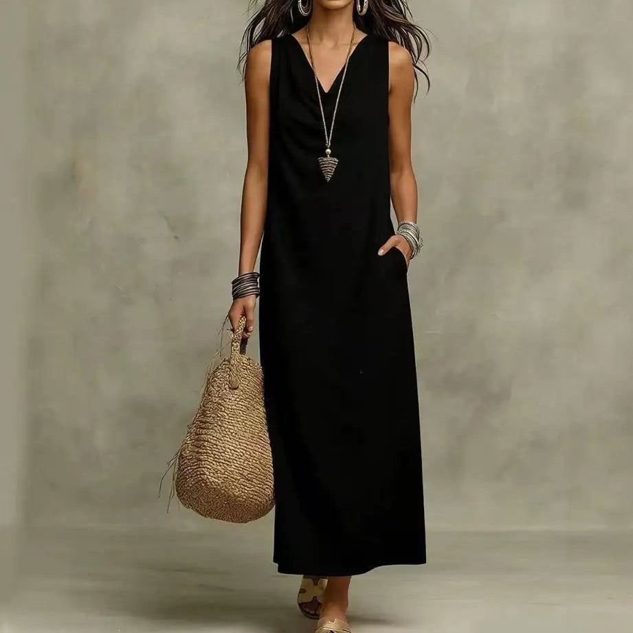 Vestido Aveline™ com Decote Drapeado, Caimento Soltinho e Bolsos Laterais