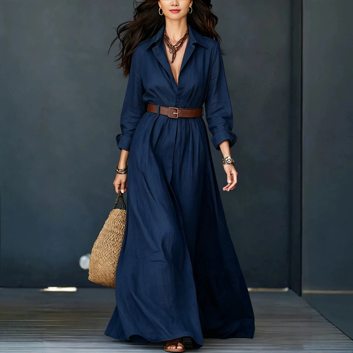 Vestido Delfina™ com Gola Elegante, Botões Minimalistas e Cinto de Brinde