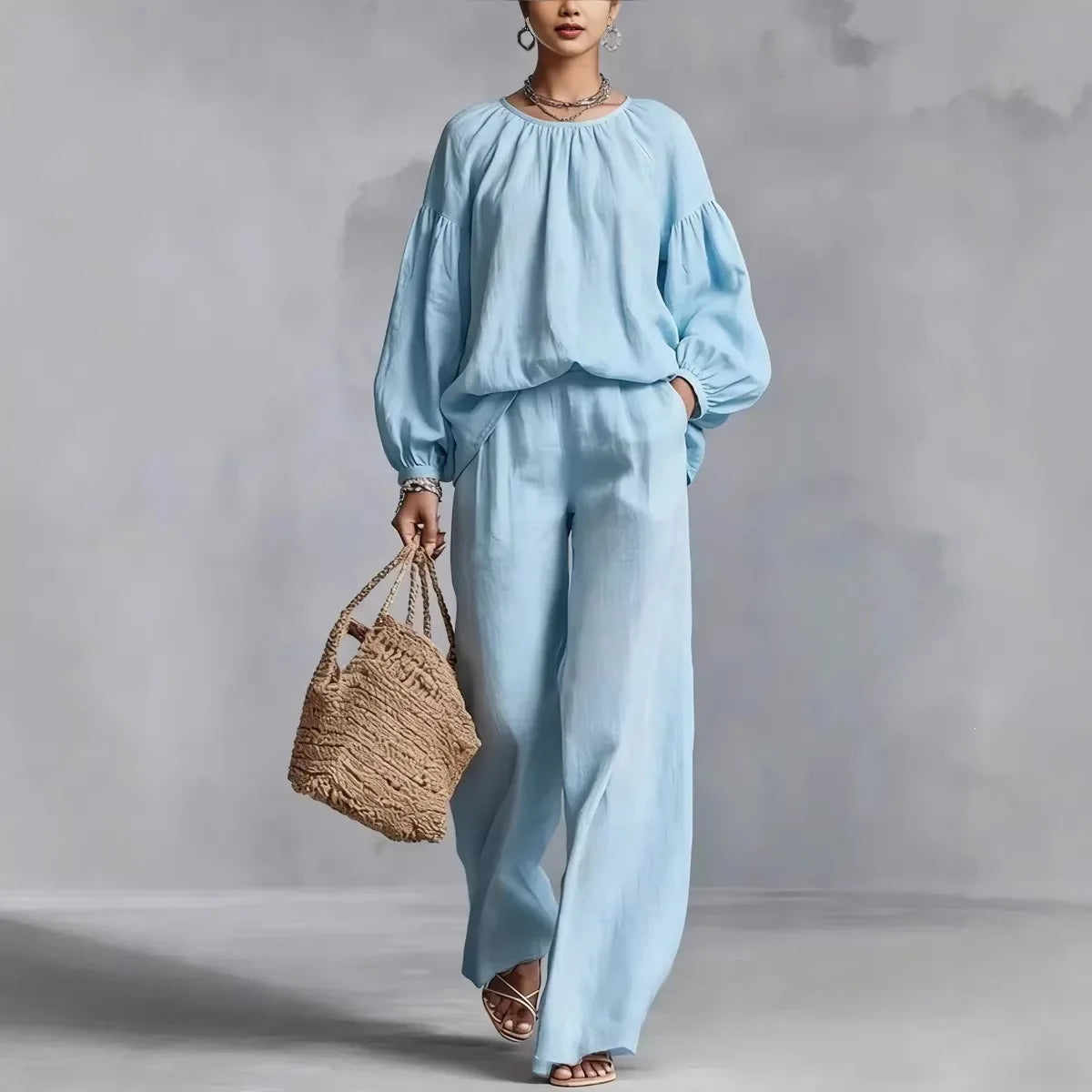 Conjunto Valdora™ em Linho de Algodão com Blusa de Mangas Bufantes e Calça Pantalona Ampla / Elegância Descontraída em Uma Silhueta Cheia de Movimento