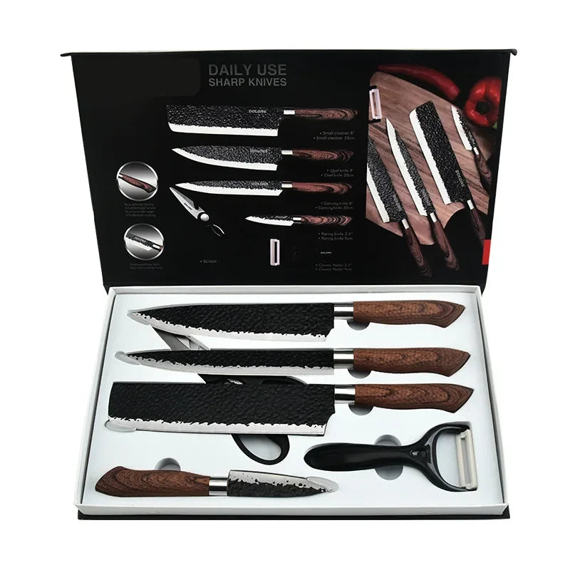 Kit de 4 Facas Chef Imperial™ com Lâminas de Aço Forjado e Design Martelado / Alta Performance, Durabilidade e Elegância com Tesoura Multiuso e Descascador de Brinde!