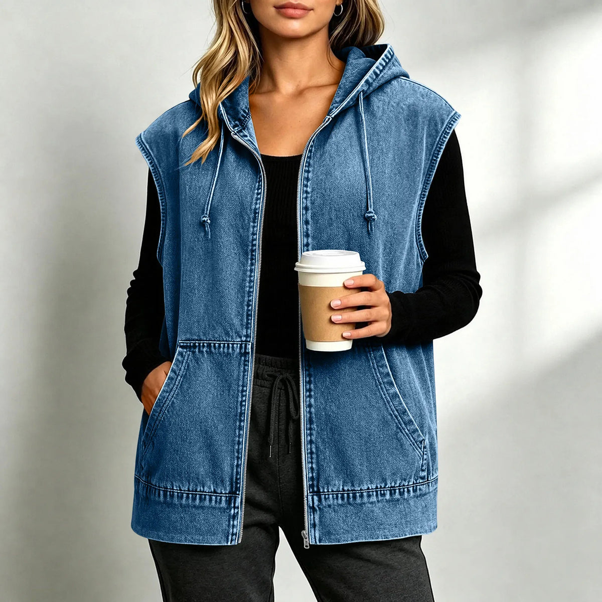 Colete Jeans Norella™ com Capuz Ajustável, Zíper Frontal e Modelagem Oversized