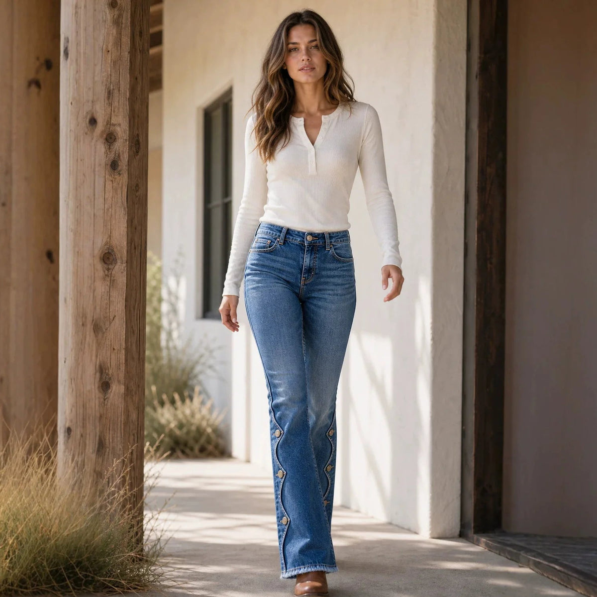Calça Jeans Paloma™ com Cintura Alta, Botões na Barra e Modelagem Flare