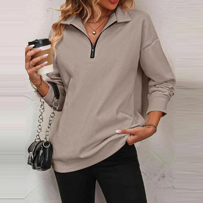 Blusa Olivia™ em Moletom Premium com Gola Alta e Zíper Frontal / A Peça-Coringa que Vai com Tudo!