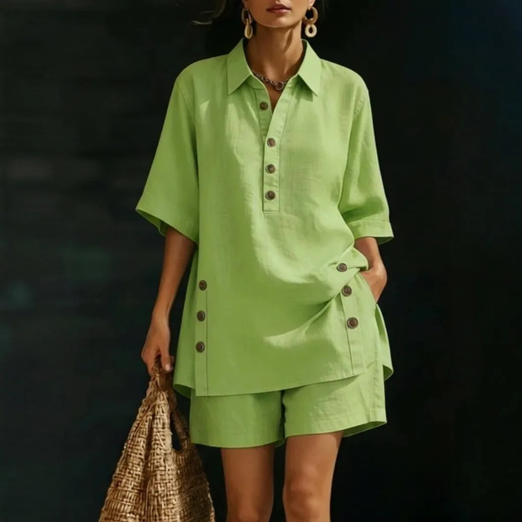Conjunto Velena™ Com Blusa De Gola Camisa E Shorts De Corte Solto / Elegância Para Aproveitar Os Dias Quentes