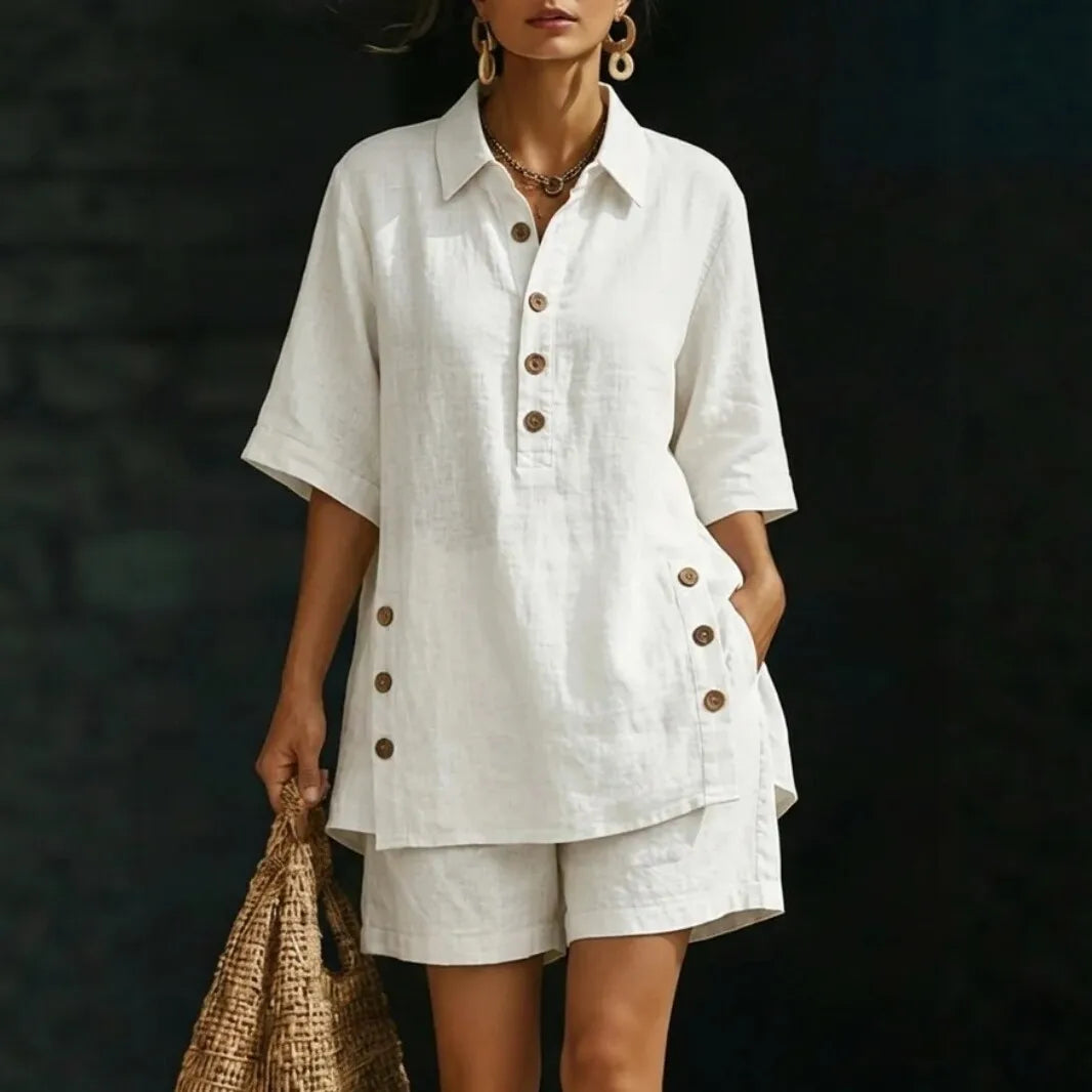 Conjunto Velena™ Com Blusa De Gola Camisa E Shorts De Corte Solto / Elegância Para Aproveitar Os Dias Quentes