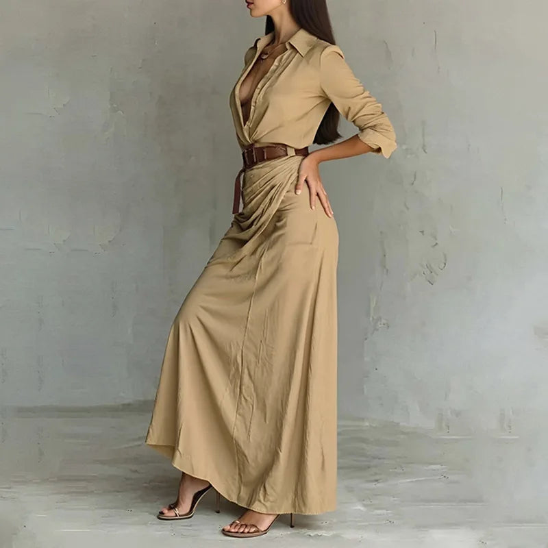 Vestido Marenza™ com Gola de Camisa, Cinto Incluso e Comprimento Longo