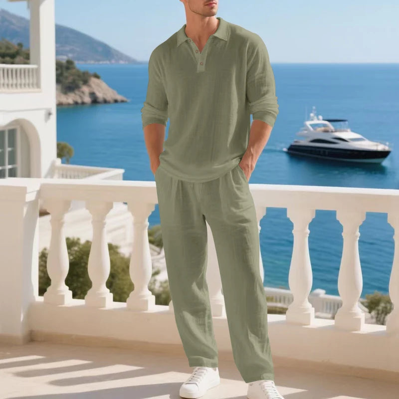 Conjunto Bellaro™ em Linho de Algodão com Polo de Manga Longa / Caimento Alinhado Sem Abrir Mão Da Leveza.