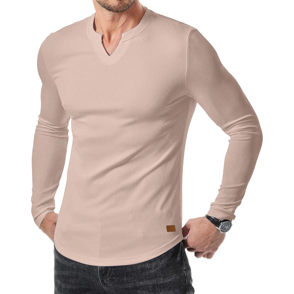 Camiseta Valério™ com Textura Canelada, Gola em V e Mangas Longas