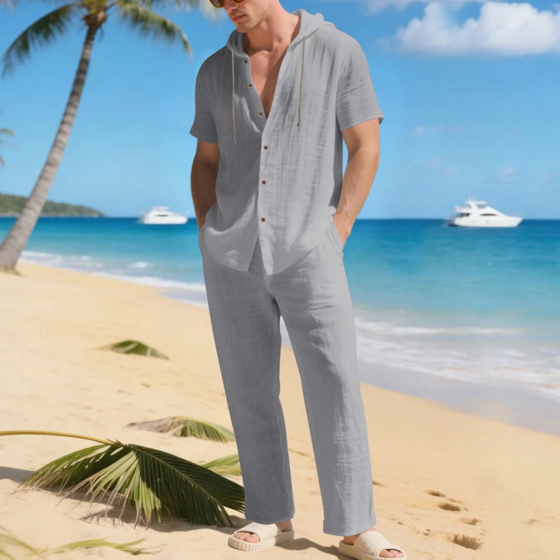 Conjunto Sorrento™ em Linho de Algodão com Camisa de Capuz e Calça Ajustável