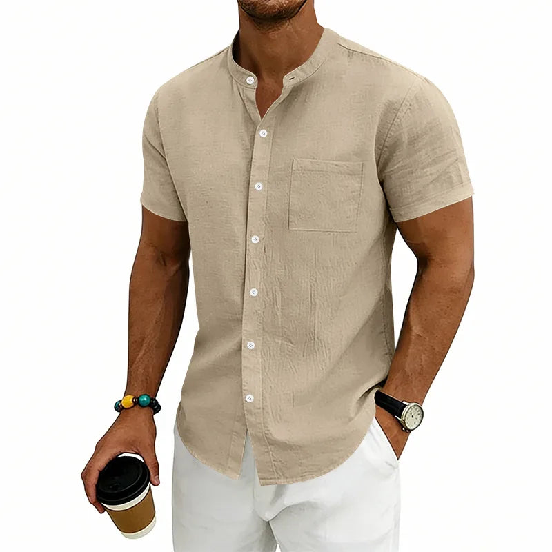 Camisa Montese™ Em Linho de Algodão Com Gola Mandarim