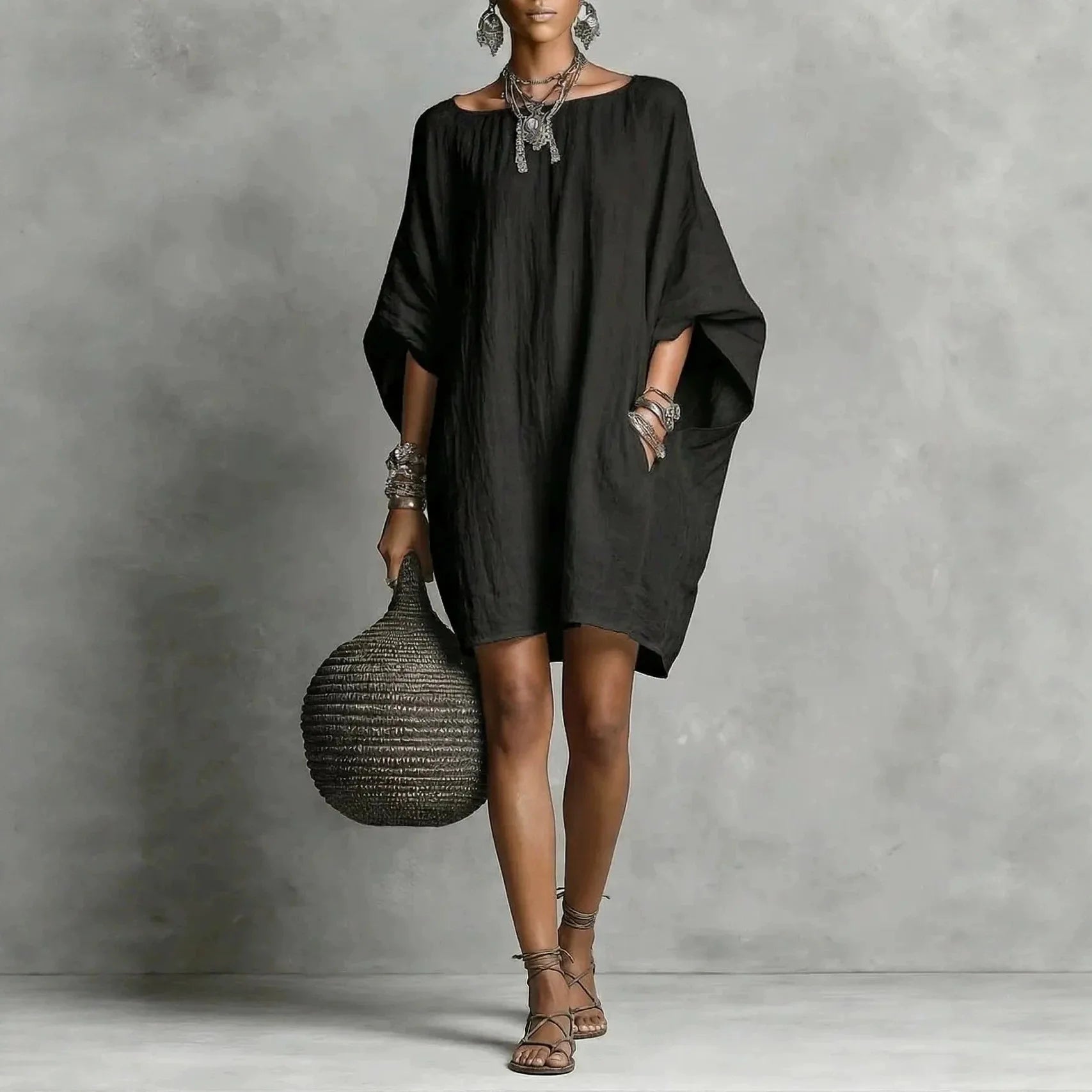 Vestido Juliana™ em Linho de Algodão com Modelagem Ampla e Decote Redondo