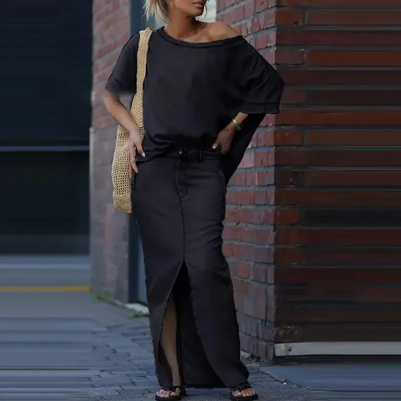 Conjunto Capri Bleu™ com Blusa Assimétrica e Saia em Jeans Leve