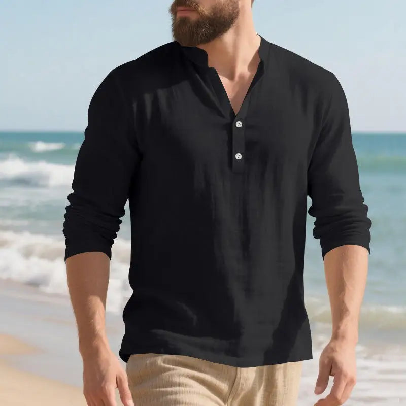 Camisa Orvian™ em Linho Premium com Gola Henley minimalista