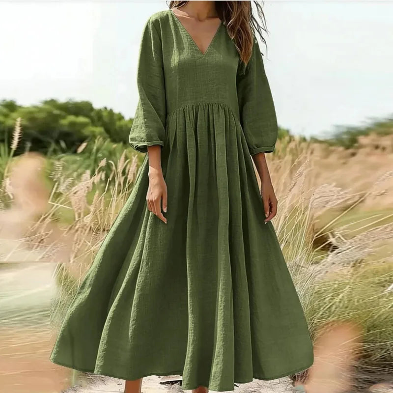 Vestido Arietta™ com Decote em V, Cintura Alta e Saia Longa Ampla / Movimento e Delicadeza em Cada Passo