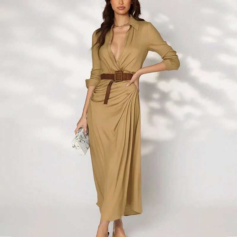 Vestido Marenza™ com Gola de Camisa, Cinto Incluso e Comprimento Longo