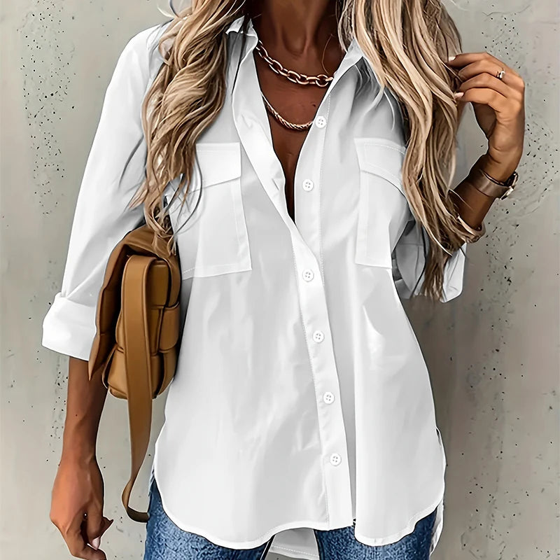 Camisa Lisanne™ Com Bolsos Frontais No Busto e Caimento Solto / Leveza Que Veste Sem Marcar