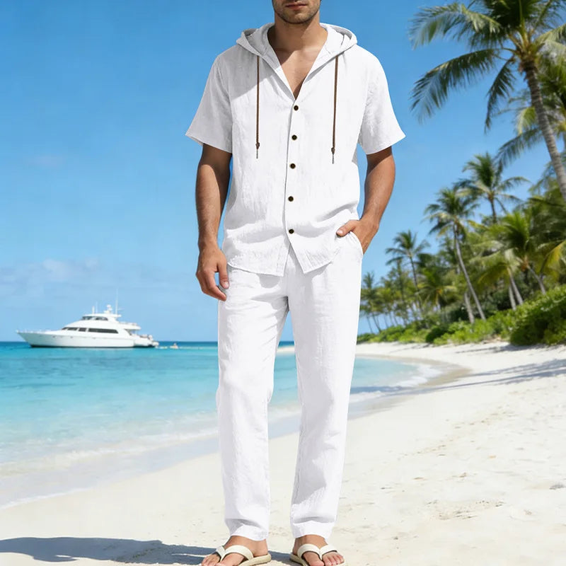 Conjunto Sorrento™ em Linho de Algodão com Camisa de Capuz e Calça Ajustável