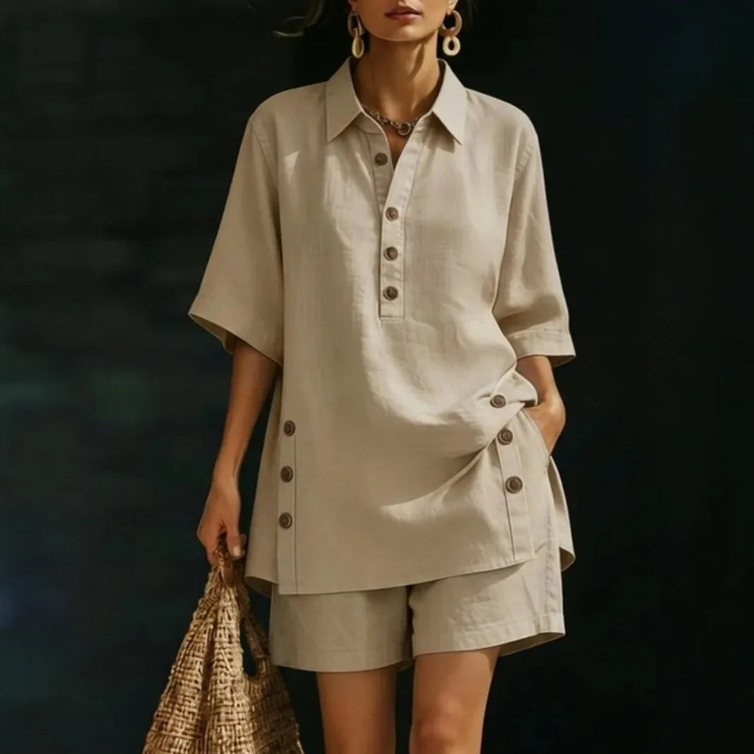 Conjunto Velena™ Com Blusa De Gola Camisa E Shorts De Corte Solto / Elegância Para Aproveitar Os Dias Quentes
