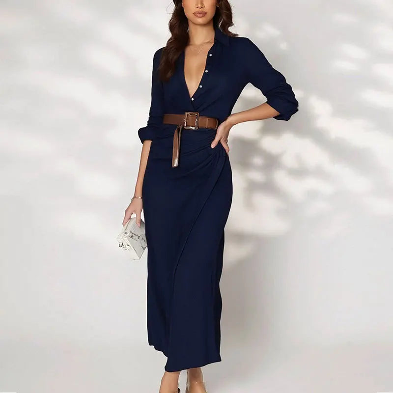 Vestido Marenza™ com Gola de Camisa, Cinto Incluso e Comprimento Longo