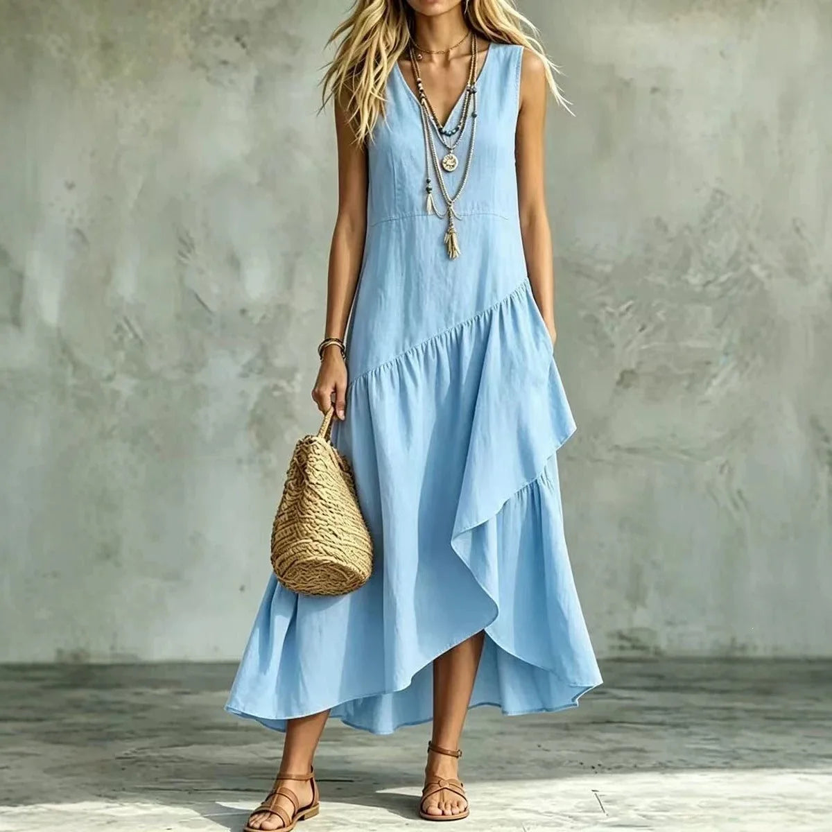 Vestido Liorah™ com Decote em V e Saia Assimétrica em Camadas Fluidas / Movimento Que Encanta Ao Caminhar