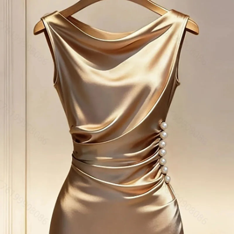 Vestido Vionessa™ em Cetim com Toque Sedoso, Decote Drapeado e Pérolas Laterais / Elegância Que Atrai Todos Os Olhares