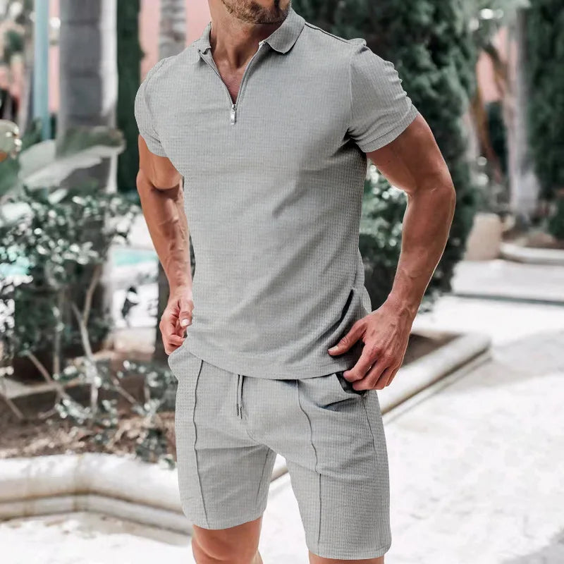 Conjunto Pietro™ em Malha Texturizada Premium com Camisa Gola Polo de Zíper