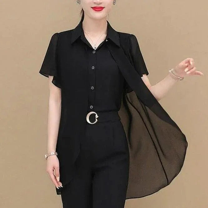 Conjunto Abravanel™ de Camisa com Cardigã Sobreposto + Calça Alfaiataria / Elegância Atemporal para a Mulher Moderna! - ModernLar