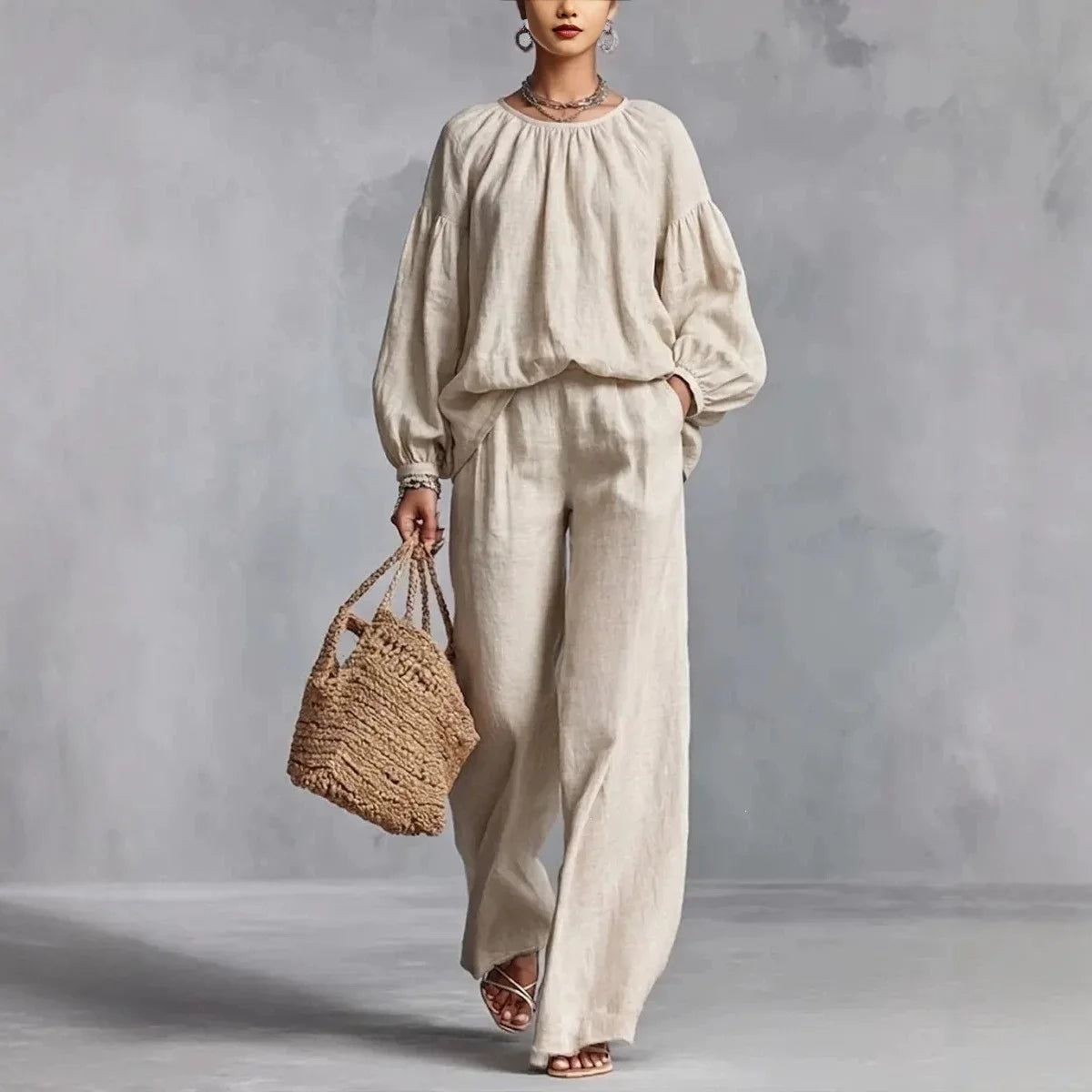 Conjunto Valdora™ em Linho de Algodão com Blusa de Mangas Bufantes e Calça Pantalona Ampla / Elegância Descontraída em Uma Silhueta Cheia de Movimento