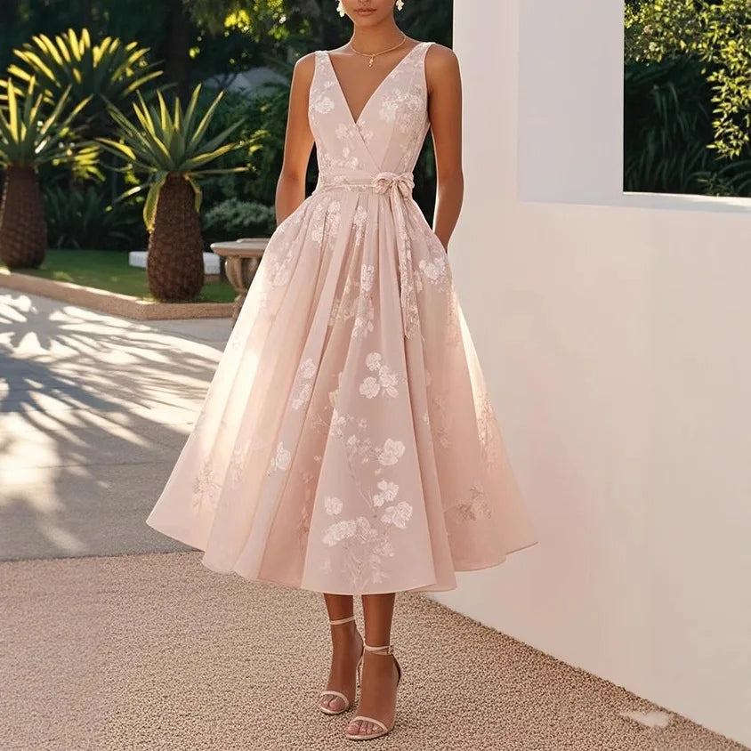 Vestido Lavienne™ com Estampa Floral Charmosa e Cintura Marcada com Laço / Detalhes Românticos Que Elevam A Produção