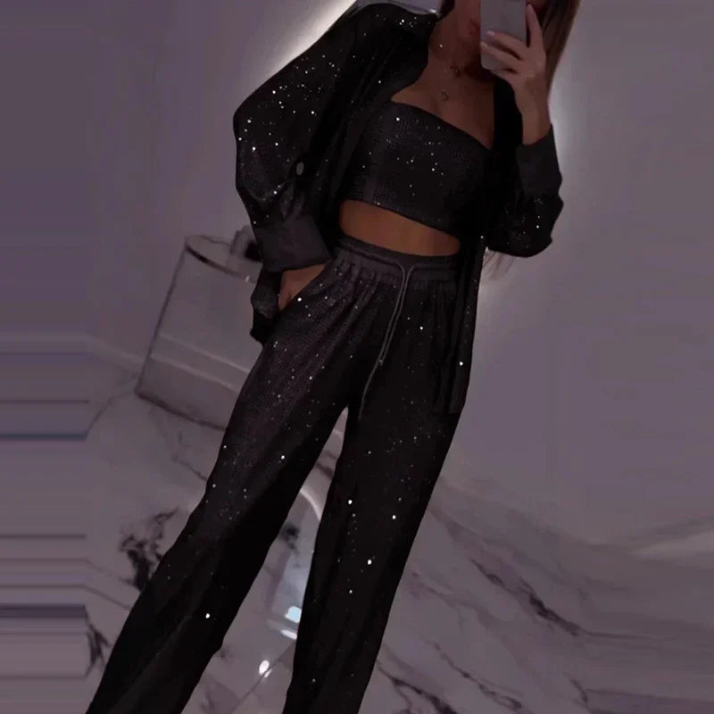Conjunto Midnight™ com Pantalona, Top e Camisa Brilhante / O Glamour Moderno em Movimento!