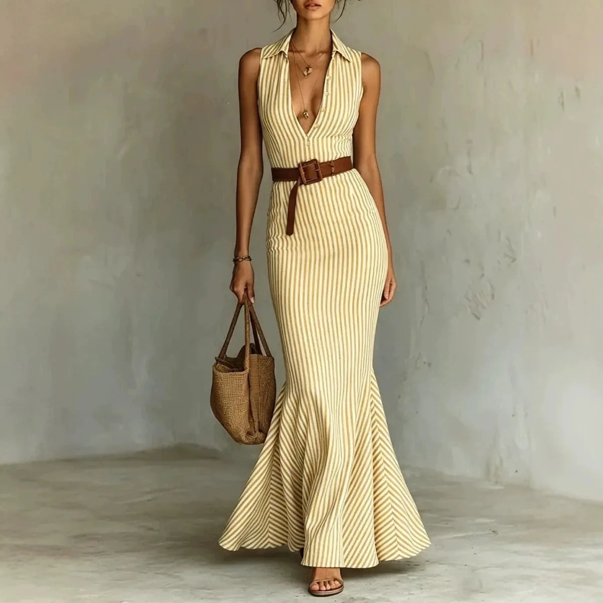 Vestido Seravina™ com Listras Verticais Charmosas e Cinto de Brinde / Presença Feminina Que Marca O Visual