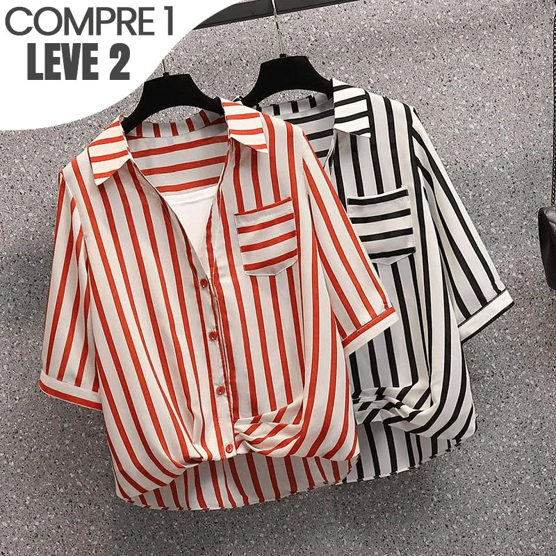 (Promoção Compre 1, Leve 2) Kit de Camisas Mirella: Listras Delicadas & Elegância em Dose Dupla! - ModernLar