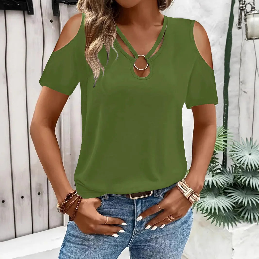 Blusa Lorenie™ com Ombros Vazados, Decote em V Cruzado e Argola Metálica / Detalhes Que Transformam Uma Blusa Básica em Uma Peça Cheia de Charme
