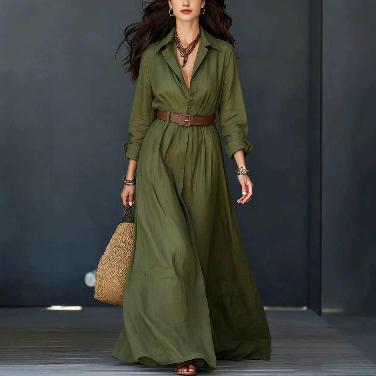 Vestido Delfina™ com Gola Elegante, Botões Minimalistas e Cinto de Brinde